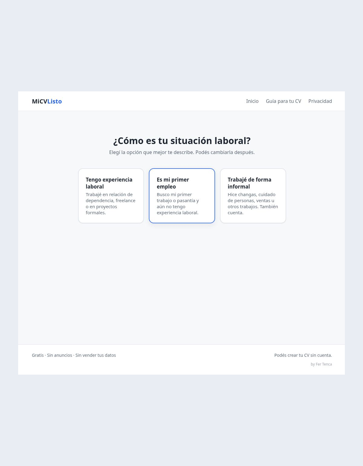 Inicio del wizard de MiCVListo, donde se elige entre experiencia laboral, primer empleo o experiencia informal.
