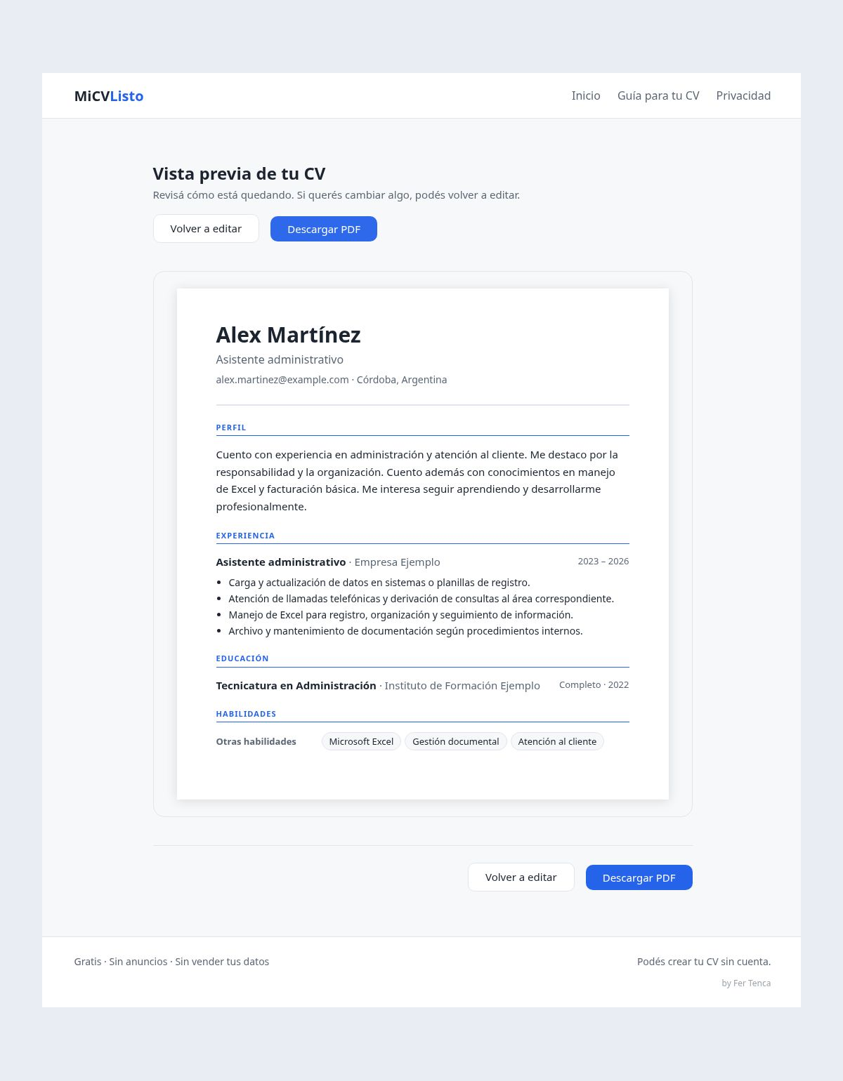 Vista previa del CV en MiCVListo, para revisar el resultado antes de descargarlo.
