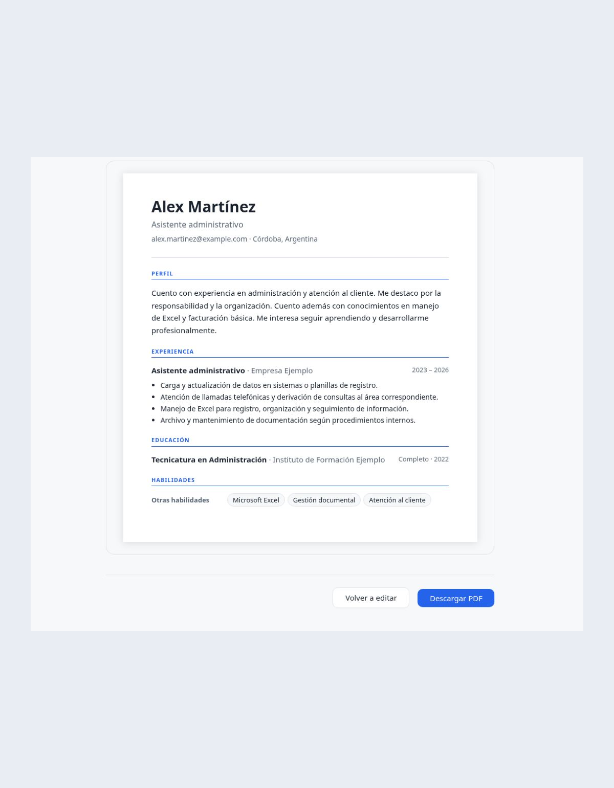 Resultado final de MiCVListo: un CV en PDF listo para descargar.