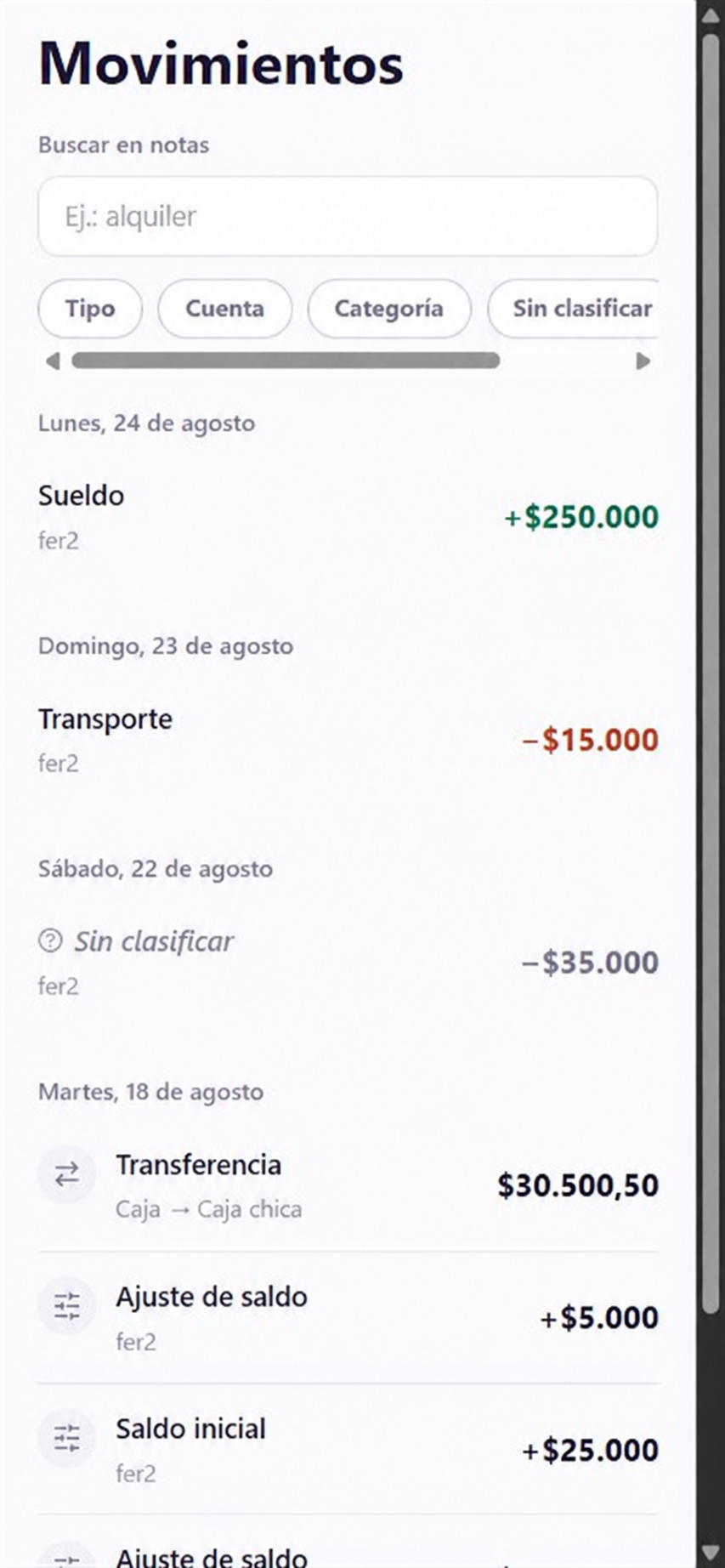 Listado de movimientos de Varmo con los registros recientes agrupados por fecha.