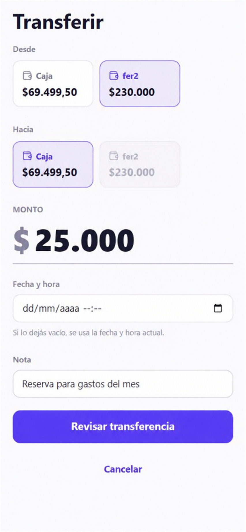 Pantalla de transferencia manual de Varmo, donde se elige cuenta de origen, cuenta de destino y monto.