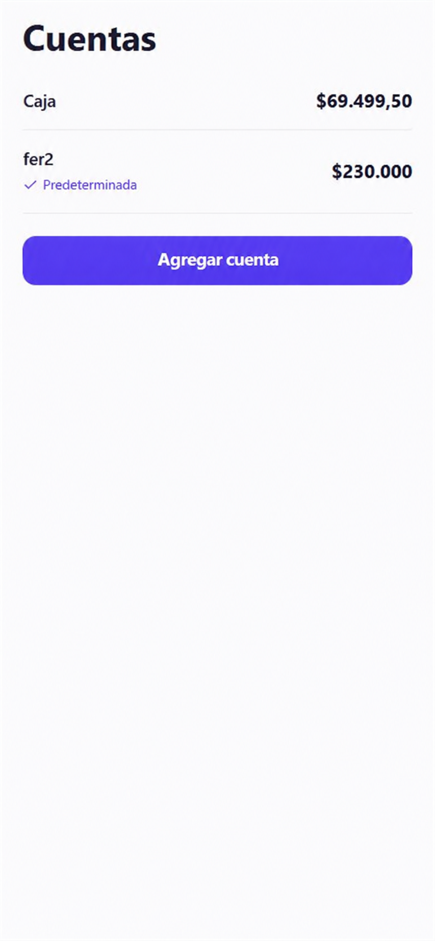 Pantalla de cuentas de Varmo, con el saldo de cada cuenta y la cuenta predeterminada.
